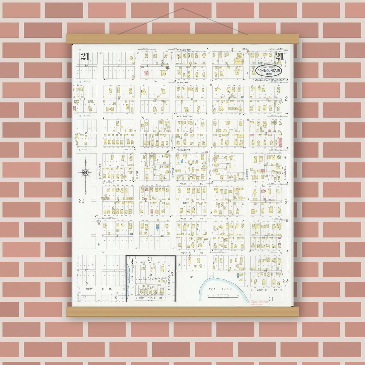 Old map wall art mockup — magnetic wood frame on brick wall — Sanborn Fire Insurance Map from Iron Mountain, Dickinson County, Michigan (1930), Sheet #0021