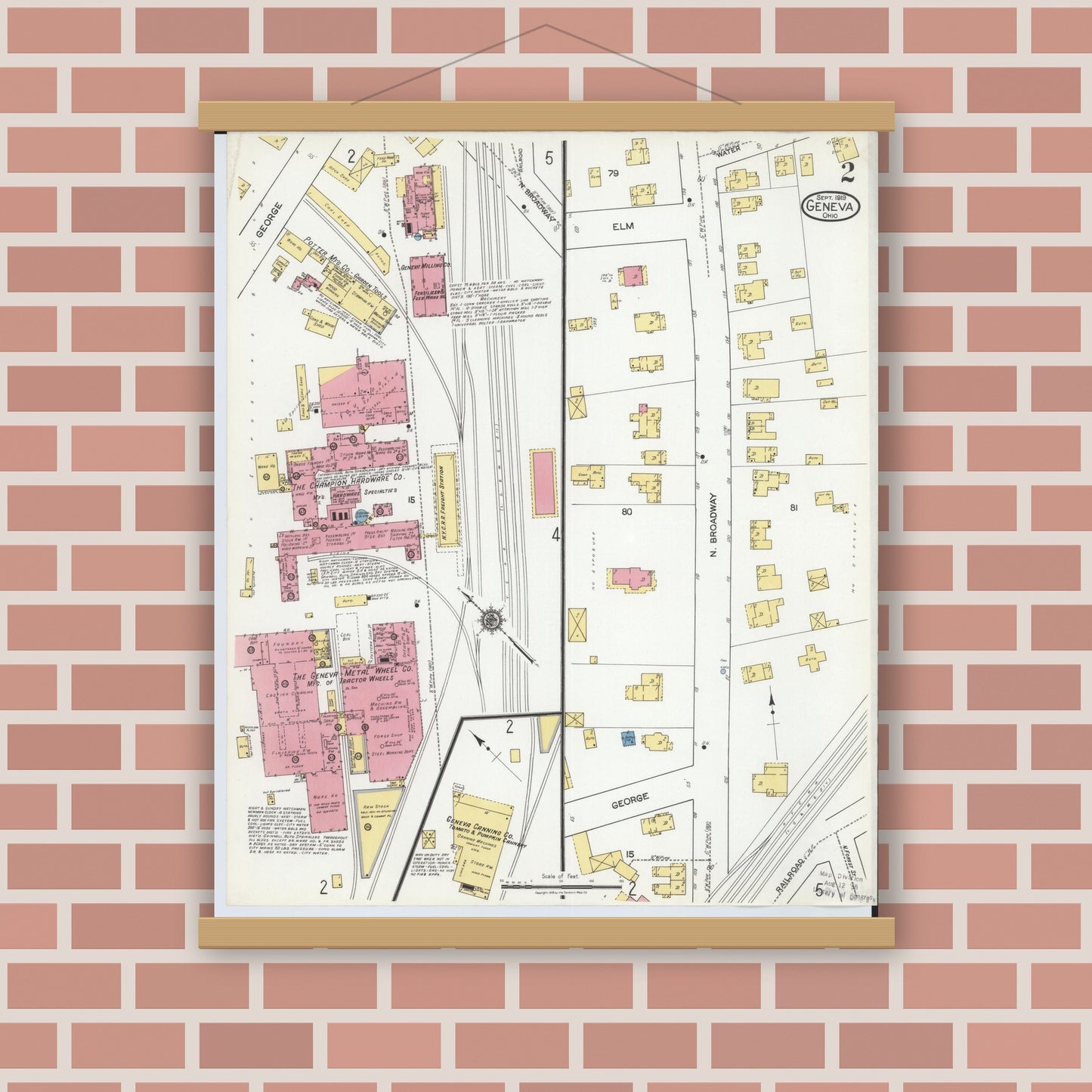 Old map wall art mockup — magnetic wood frame on brick wall — Sanborn Fire Insurance Map from Geneva, Ashtabula County, Ohio (1919), Sheet #0002
