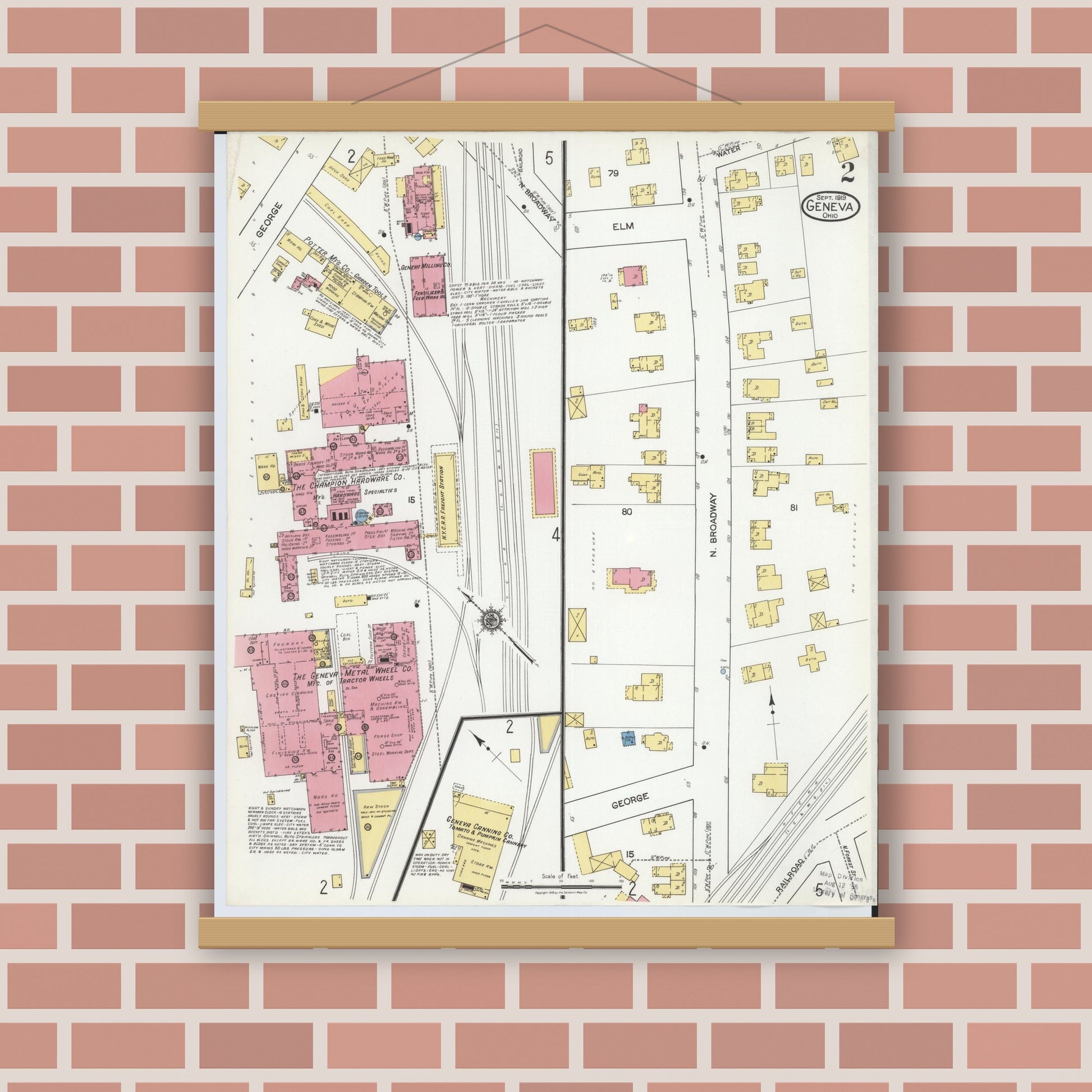 Old map wall art mockup — magnetic wood frame on brick wall — Sanborn Fire Insurance Map from Geneva, Ashtabula County, Ohio (1919), Sheet #0002