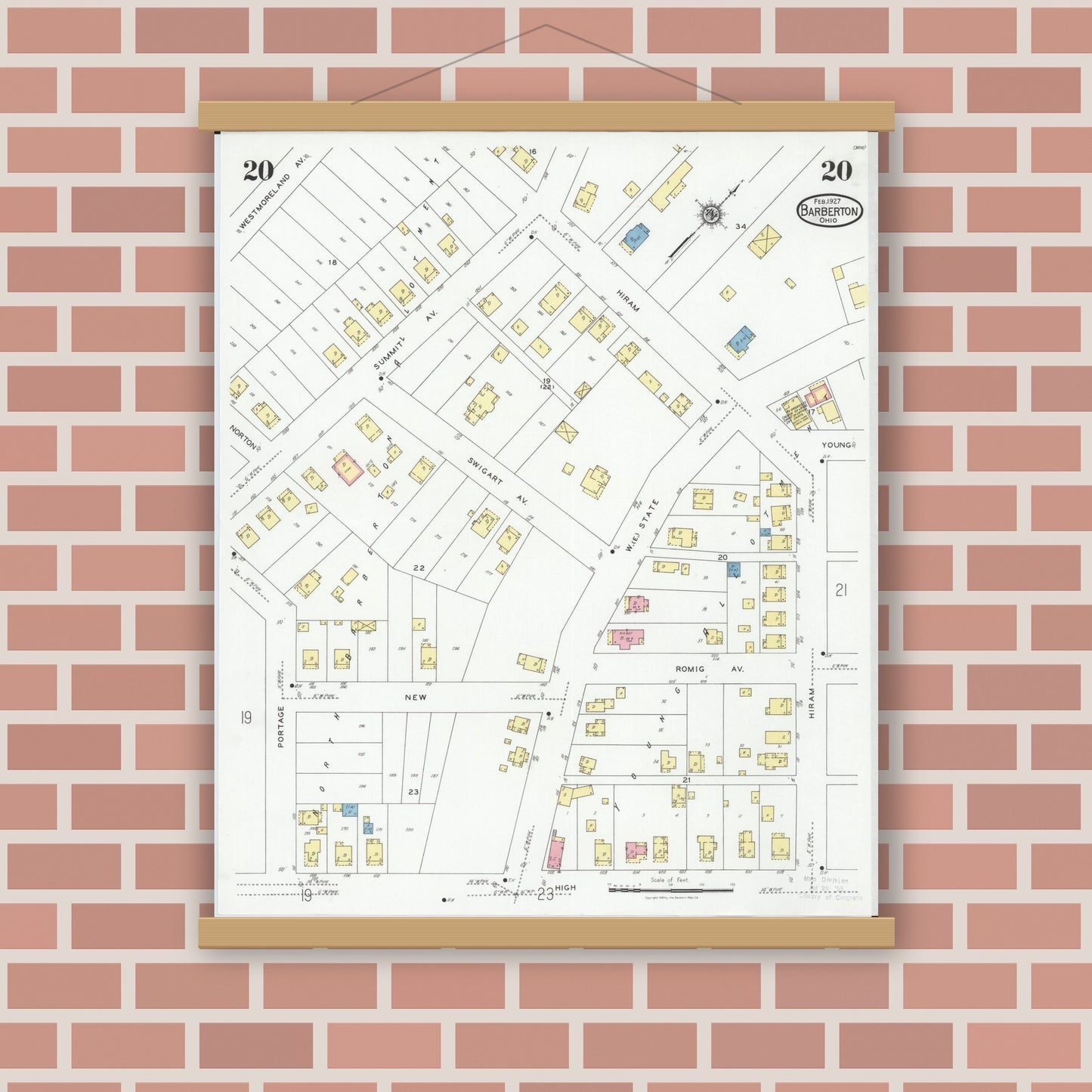 Old map wall art mockup — magnetic wood frame on brick wall — Sanborn Fire Insurance Map from Barberton, Summit County, Ohio (1927), Sheet #0020