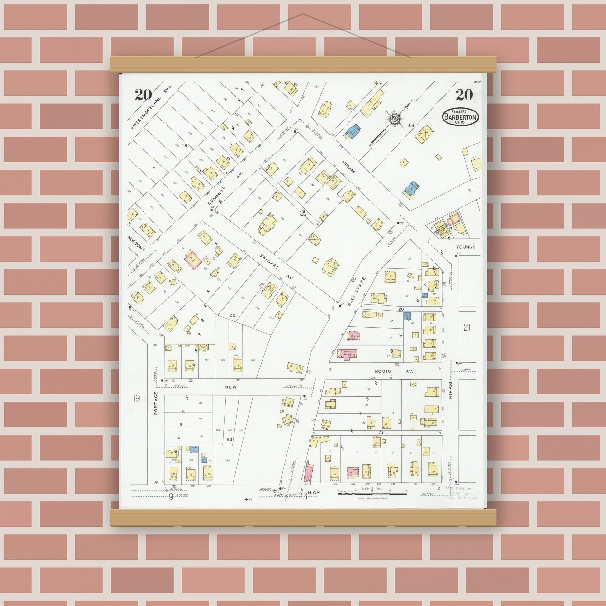 Old map wall art mockup — magnetic wood frame on brick wall — Sanborn Fire Insurance Map from Barberton, Summit County, Ohio (1927), Sheet #0020