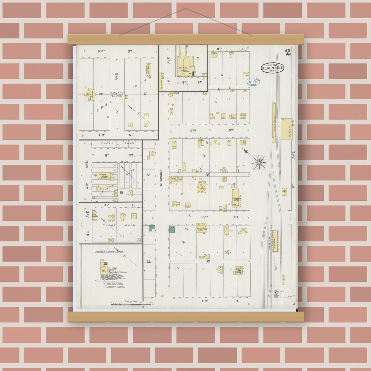 Old map wall art mockup — magnetic wood frame on brick wall — Sanborn Fire Insurance Map from Heron Lake, Jackson County, Minnesota (1894), Sheet #0002