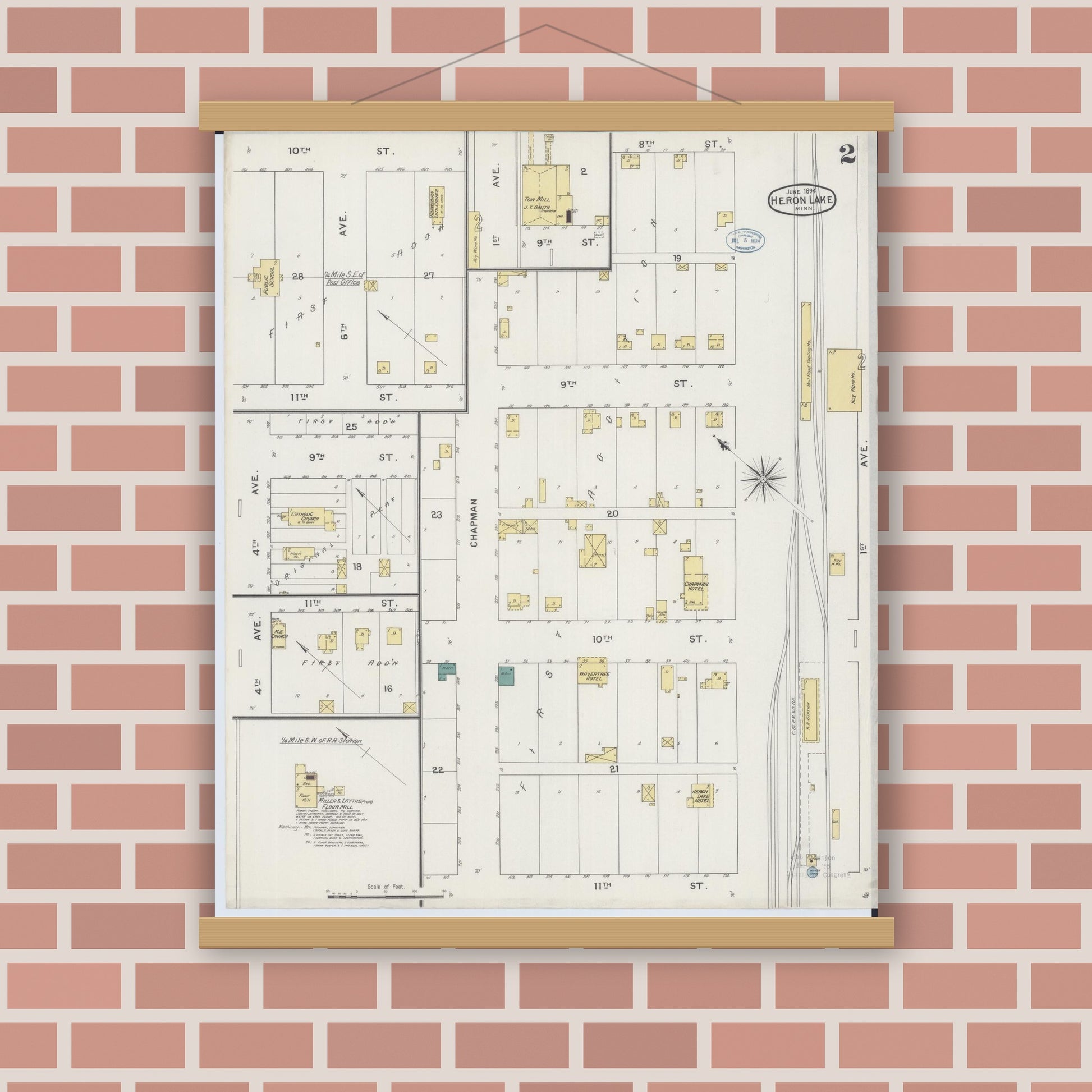 Old map wall art mockup — magnetic wood frame on brick wall — Sanborn Fire Insurance Map from Heron Lake, Jackson County, Minnesota (1894), Sheet #0002