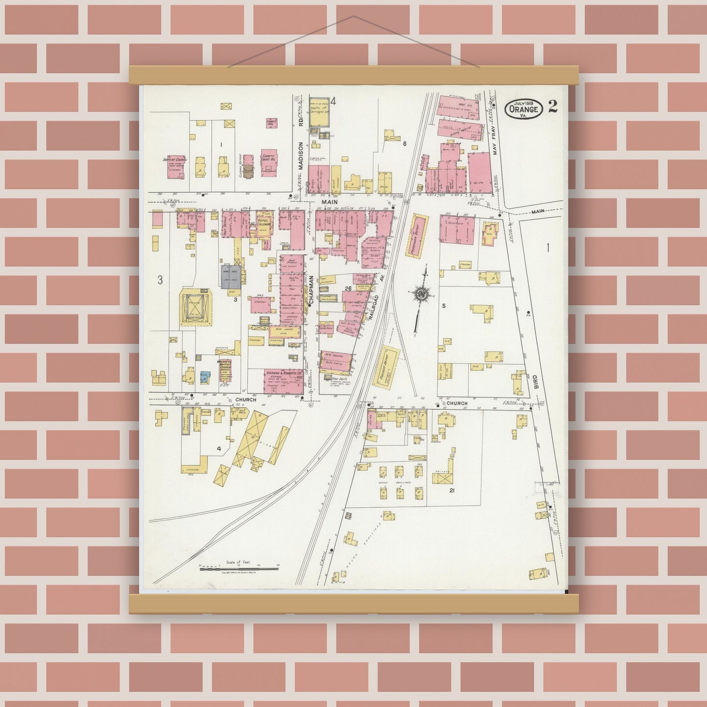 Old map wall art mockup — magnetic wood frame on brick wall — Sanborn Fire Insurance Map from Orange, Orange County, Virginia (1919), Sheet #0002