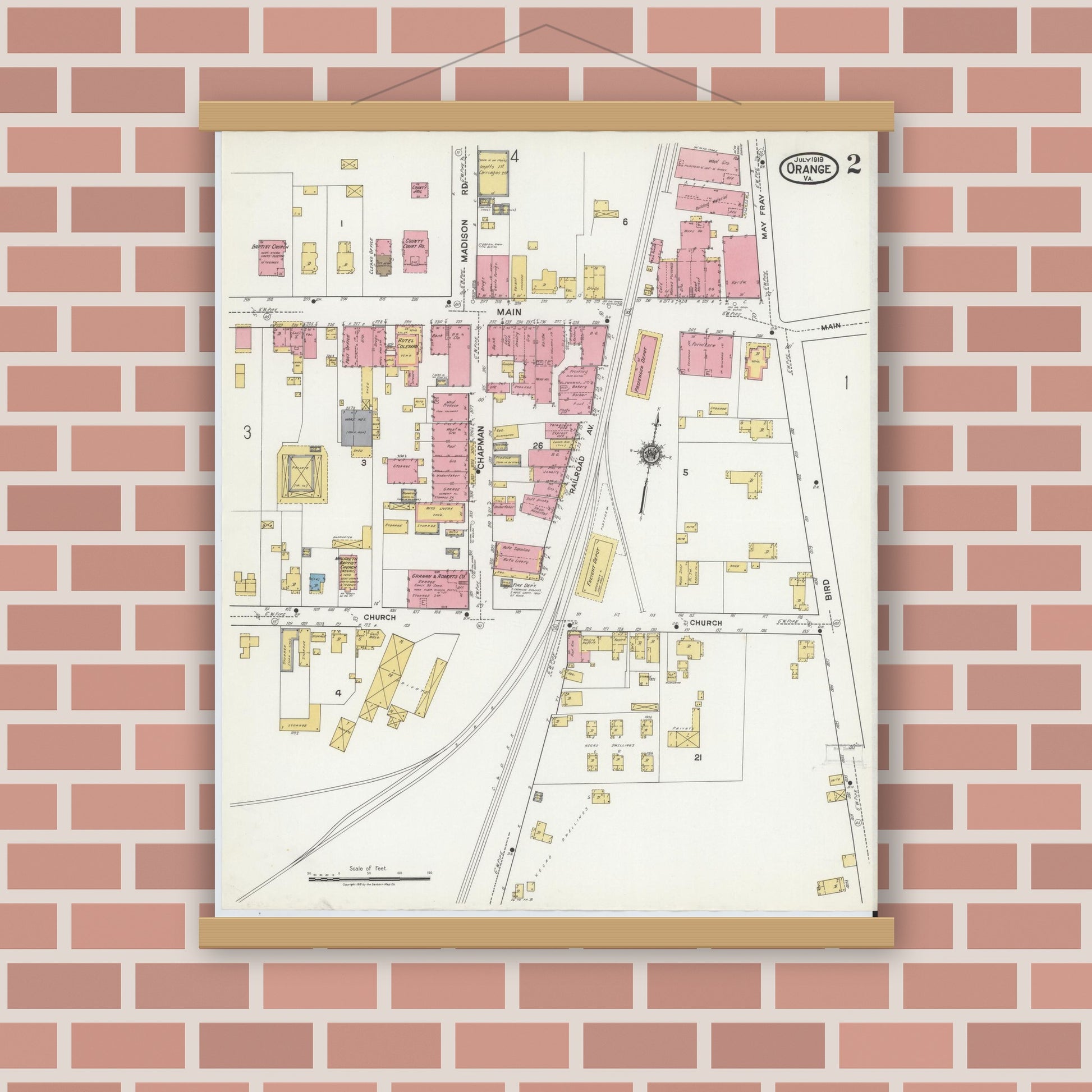 Old map wall art mockup — magnetic wood frame on brick wall — Sanborn Fire Insurance Map from Orange, Orange County, Virginia (1919), Sheet #0002