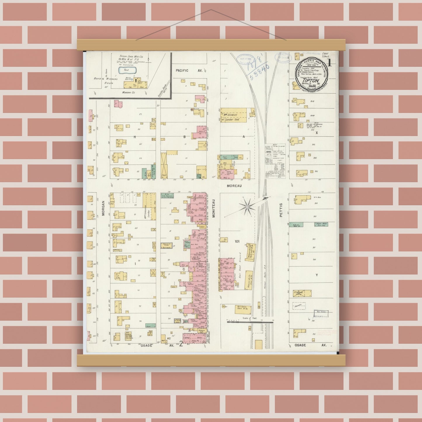 Old map wall art mockup — magnetic wood frame on brick wall — Sanborn Fire Insurance Map from Tipton, Moniteau County, Missouri (1898) - Complete Map Set