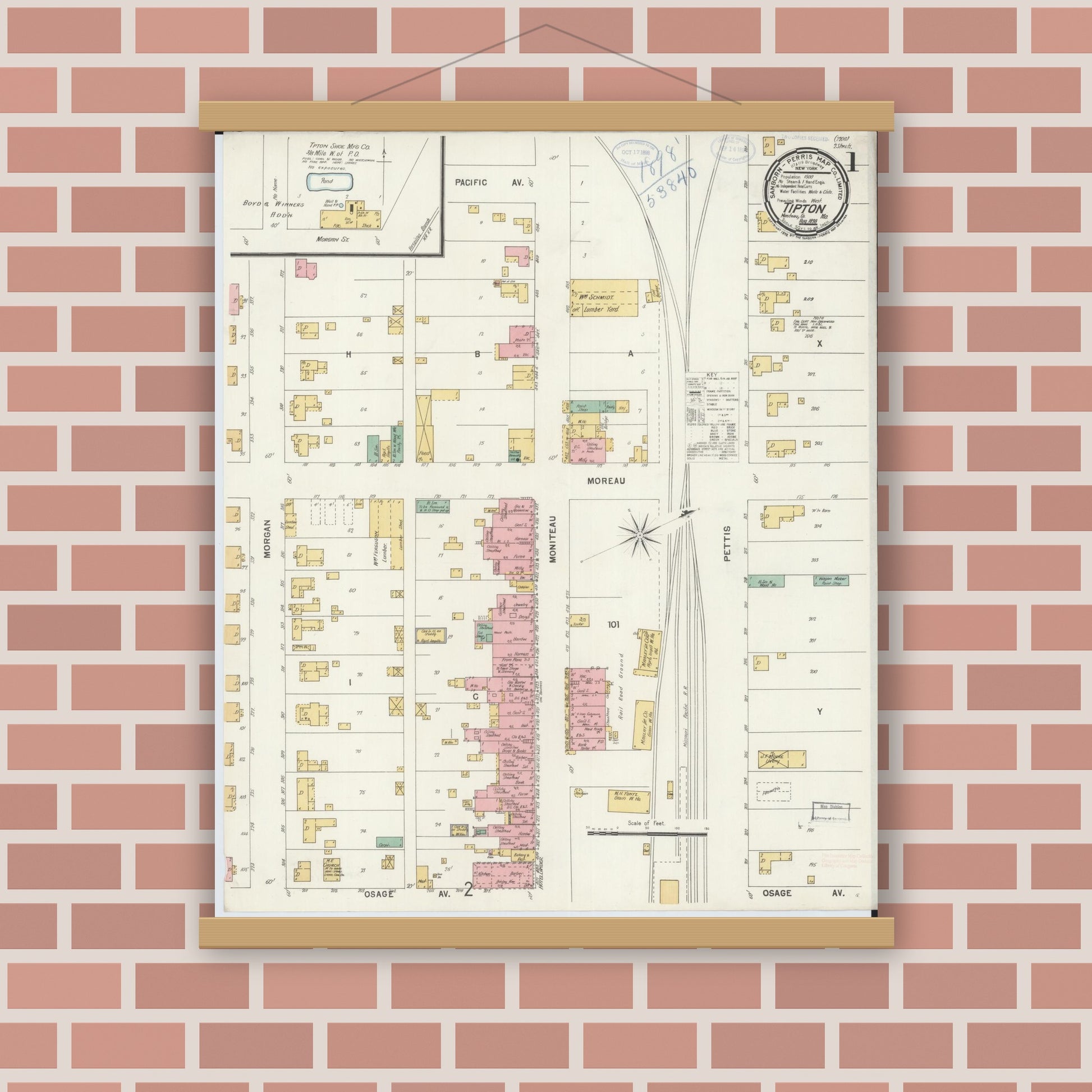 Old map wall art mockup — magnetic wood frame on brick wall — Sanborn Fire Insurance Map from Tipton, Moniteau County, Missouri (1898) - Complete Map Set
