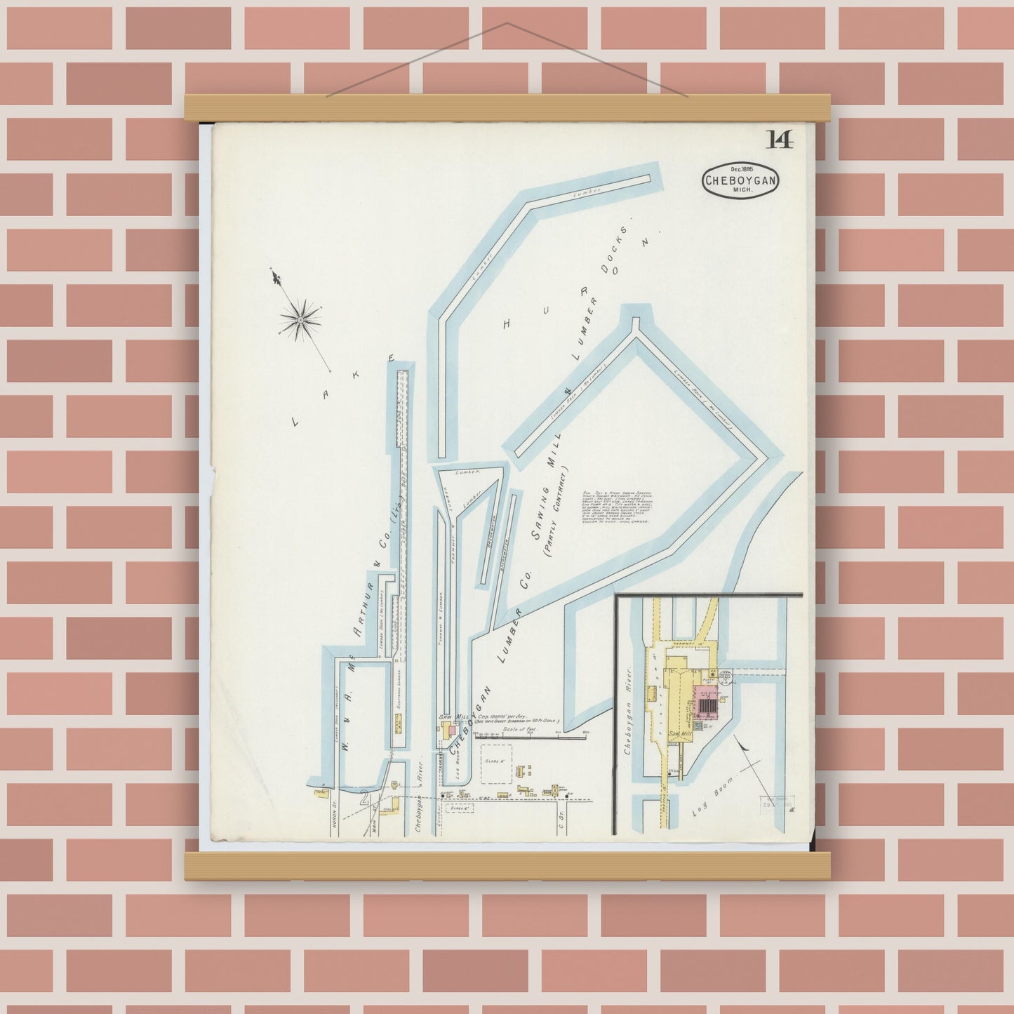 Old map wall art mockup — magnetic wood frame on brick wall — Sanborn Fire Insurance Map from Cheboygan, Cheboygan County, Michigan (1895), Sheet #0014