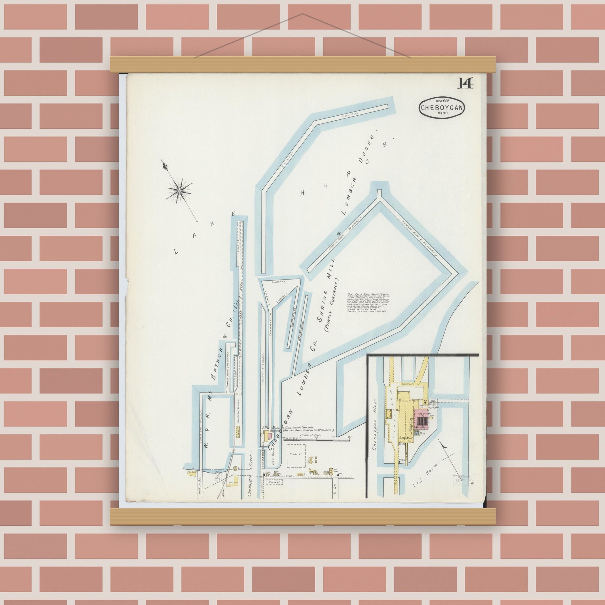 Old map wall art mockup — magnetic wood frame on brick wall — Sanborn Fire Insurance Map from Cheboygan, Cheboygan County, Michigan (1895), Sheet #0014