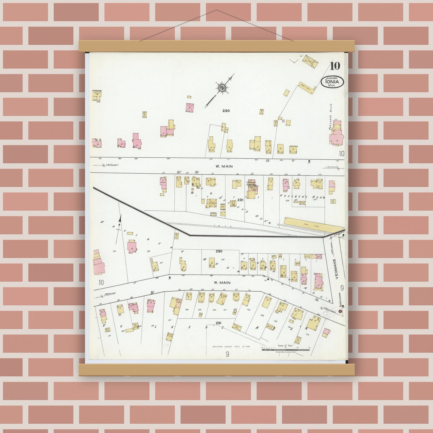 Old map wall art mockup — magnetic wood frame on brick wall — Sanborn Fire Insurance Map from Ionia, Ionia County, Michigan (1920), Sheet #0010