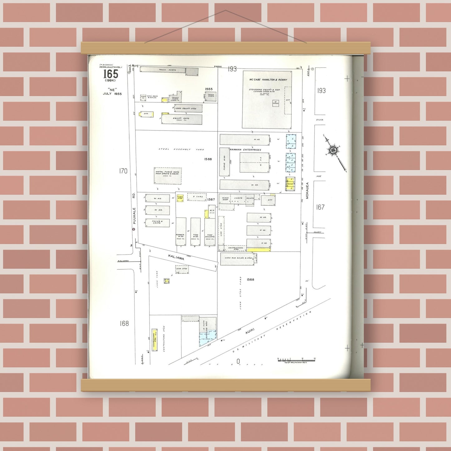 Old map wall art mockup — magnetic wood frame on brick wall — Sanborn Fire Insurance Map from Honolulu, Oahu County, Hawaii (1955), Sheet #0165