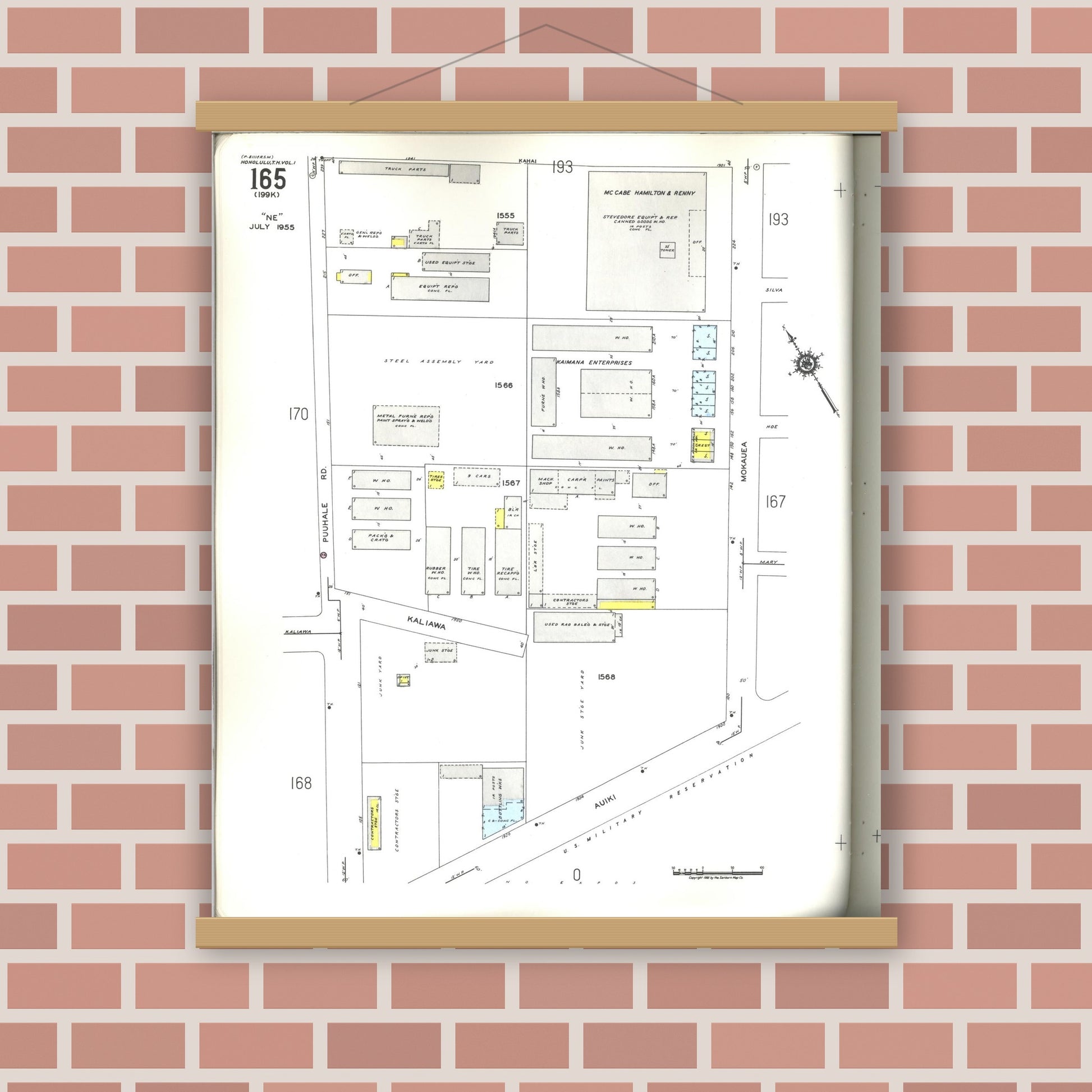 Old map wall art mockup — magnetic wood frame on brick wall — Sanborn Fire Insurance Map from Honolulu, Oahu County, Hawaii (1955), Sheet #0165