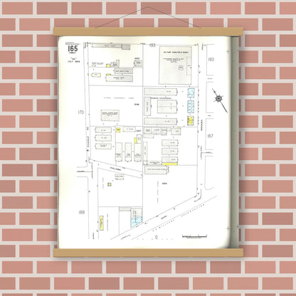 Old map wall art mockup — magnetic wood frame on brick wall — Sanborn Fire Insurance Map from Honolulu, Oahu County, Hawaii (1955), Sheet #0165
