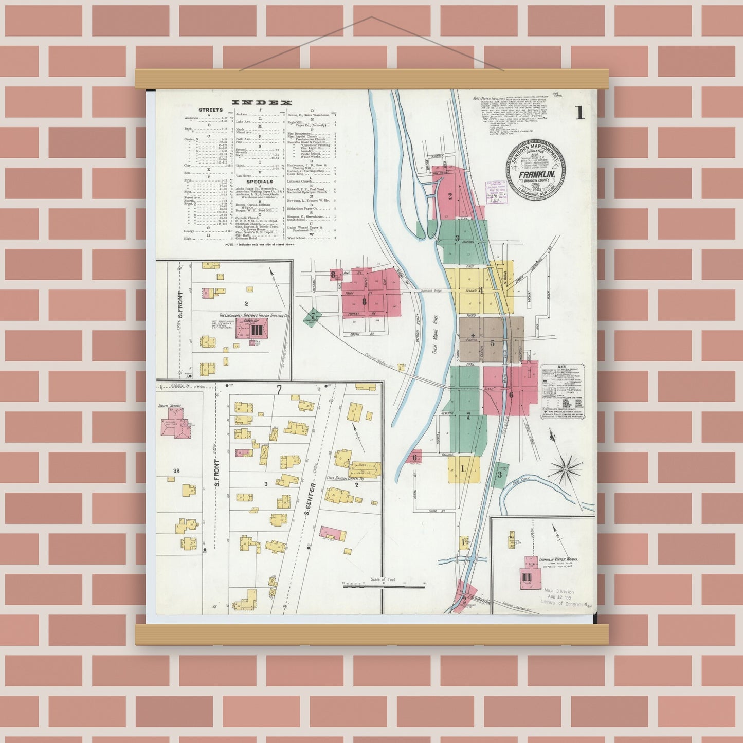 Old map wall art mockup — magnetic wood frame on brick wall — Sanborn Fire Insurance Map from Franklin, Warren County, Ohio (1905), Sheet #0001