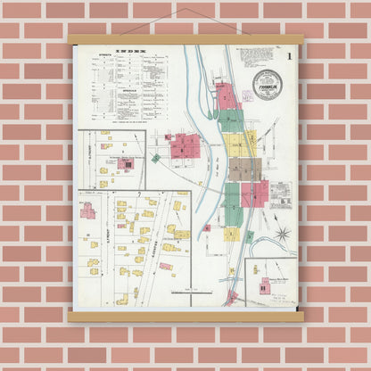 Old map wall art mockup — magnetic wood frame on brick wall — Sanborn Fire Insurance Map from Franklin, Warren County, Ohio (1905), Sheet #0001
