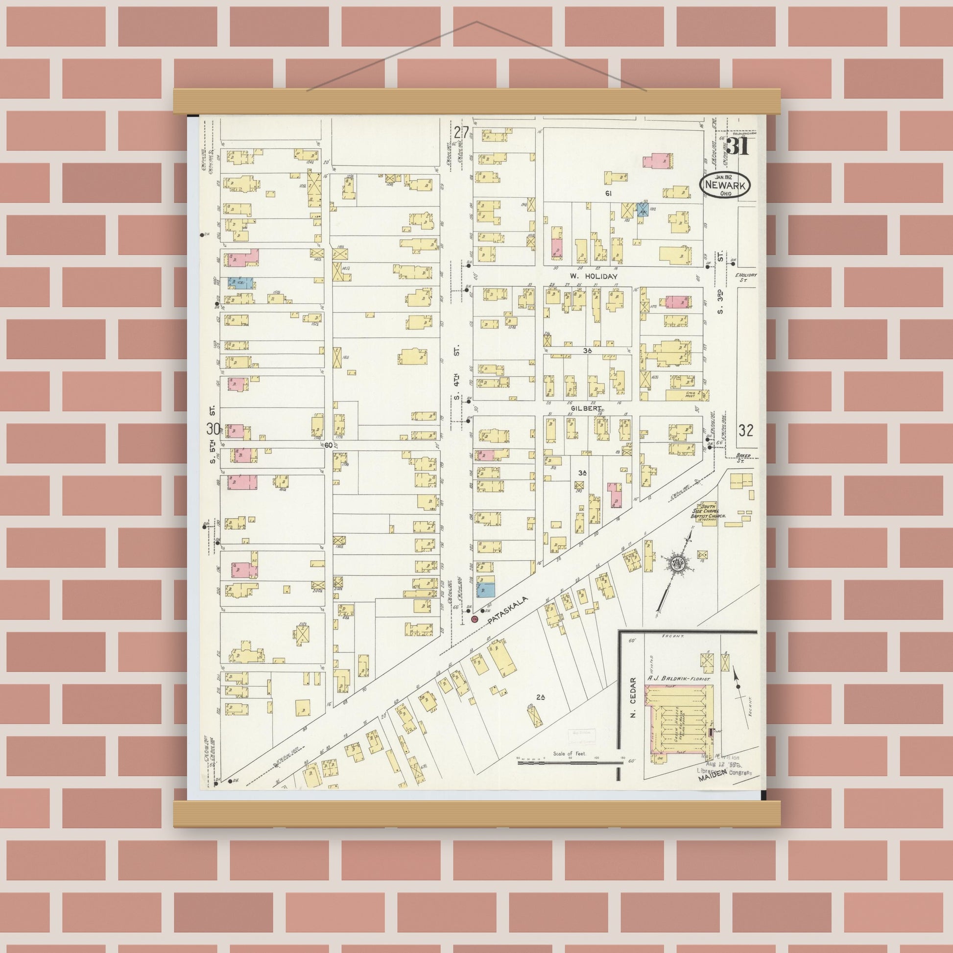 Old map wall art mockup — magnetic wood frame on brick wall — Sanborn Fire Insurance Map from Newark, Licking County, Ohio (1912), Sheet #0031