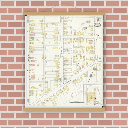 Old map wall art mockup — magnetic wood frame on brick wall — Sanborn Fire Insurance Map from Newark, Licking County, Ohio (1912), Sheet #0031