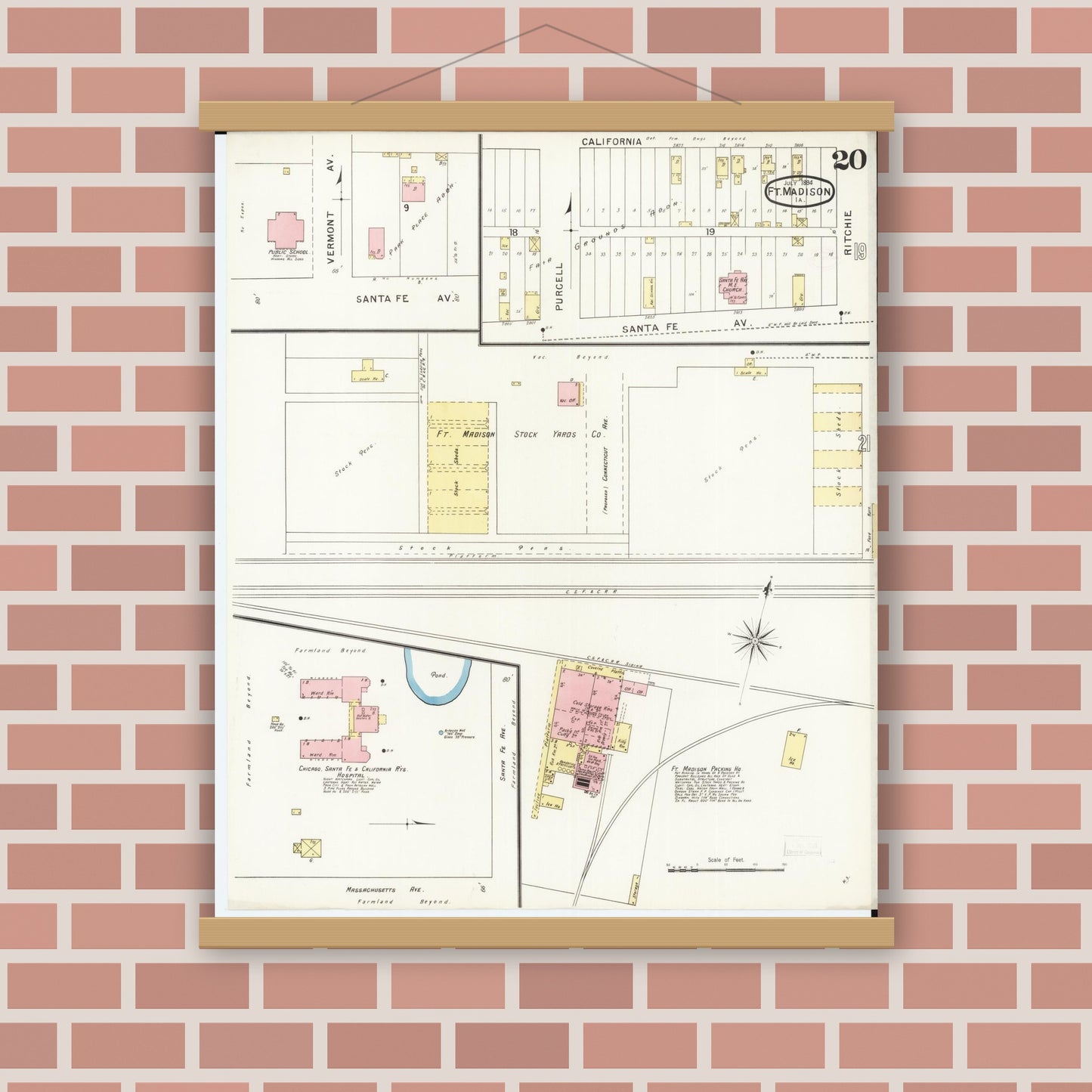 Old map wall art mockup — magnetic wood frame on brick wall — Sanborn Fire Insurance Map from Fort Madison, Lee County, Iowa (1894), Sheet #0020