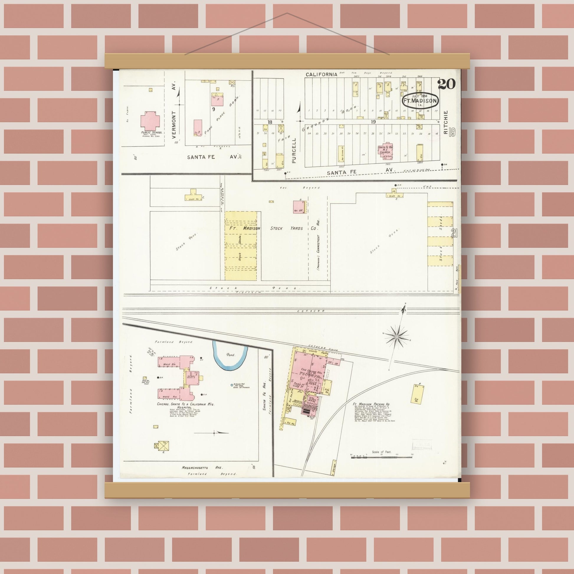 Old map wall art mockup — magnetic wood frame on brick wall — Sanborn Fire Insurance Map from Fort Madison, Lee County, Iowa (1894), Sheet #0020