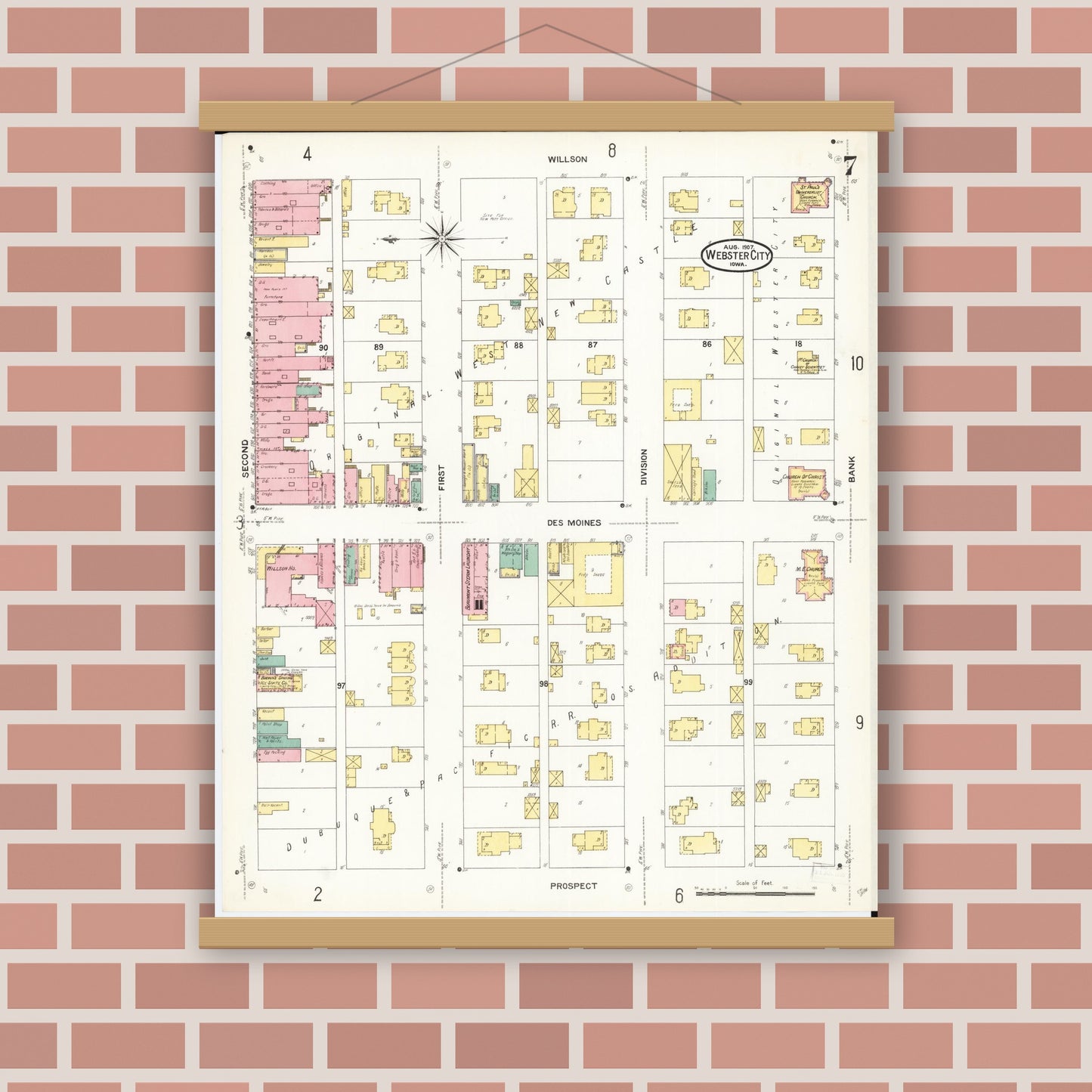 Old map wall art mockup — magnetic wood frame on brick wall — Sanborn Fire Insurance Map from Webster City, Hamilton County, Iowa (1907), Sheet #0007