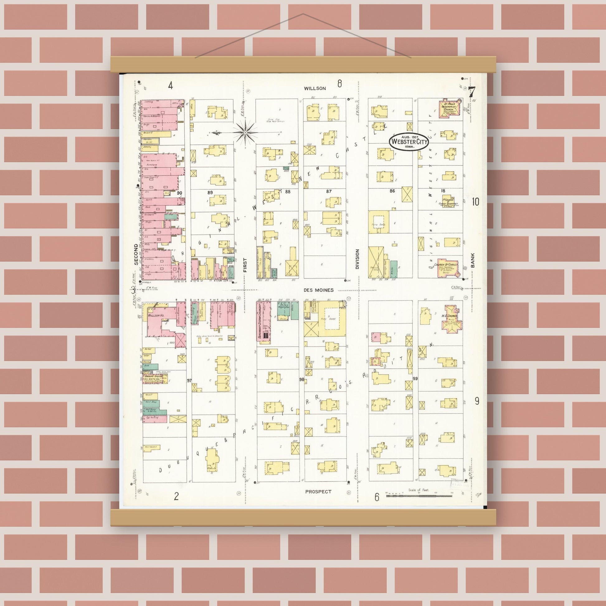 Old map wall art mockup — magnetic wood frame on brick wall — Sanborn Fire Insurance Map from Webster City, Hamilton County, Iowa (1907), Sheet #0007