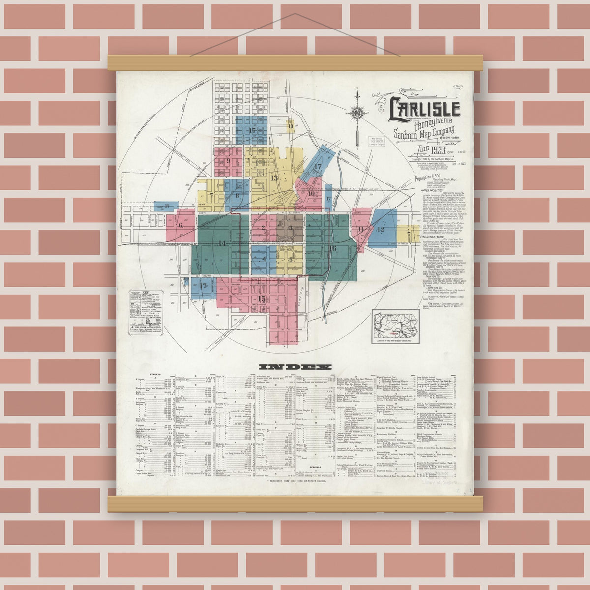 Old map wall art mockup — magnetic wood frame on brick wall — Sanborn Fire Insurance Map from Carlisle, Cumberland County, Pennsylvania (1923) - Complete Map Set