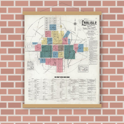 Old map wall art mockup — magnetic wood frame on brick wall — Sanborn Fire Insurance Map from Carlisle, Cumberland County, Pennsylvania (1923) - Complete Map Set