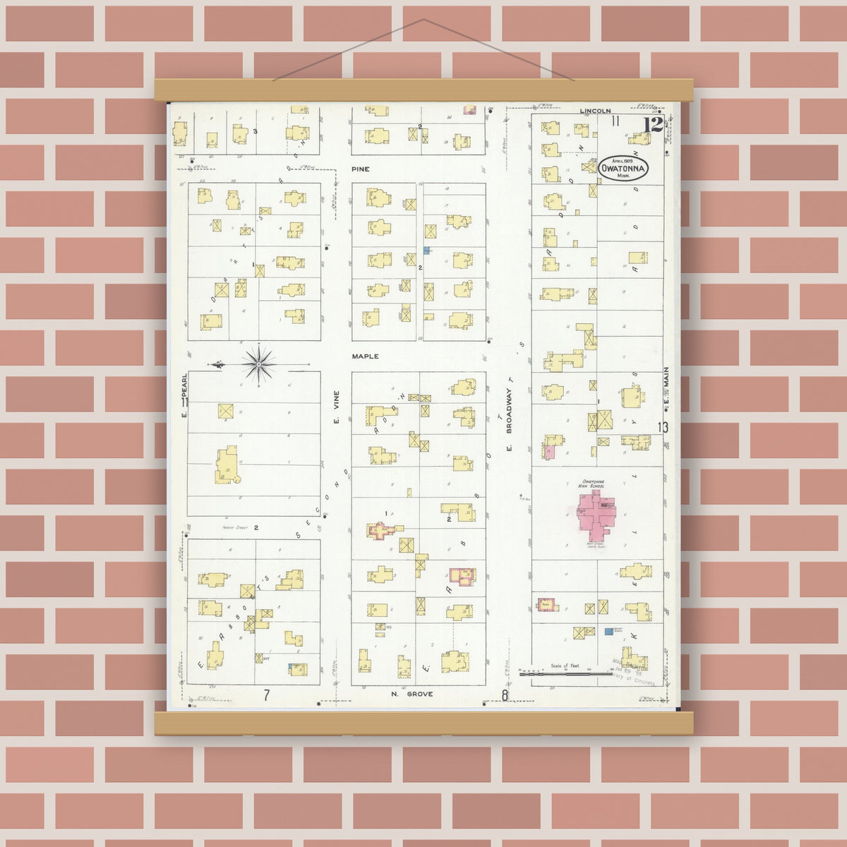 Old map wall art mockup — magnetic wood frame on brick wall — Sanborn Fire Insurance Map from Owatonna, Steele County, Minnesota (1909), Sheet #0012