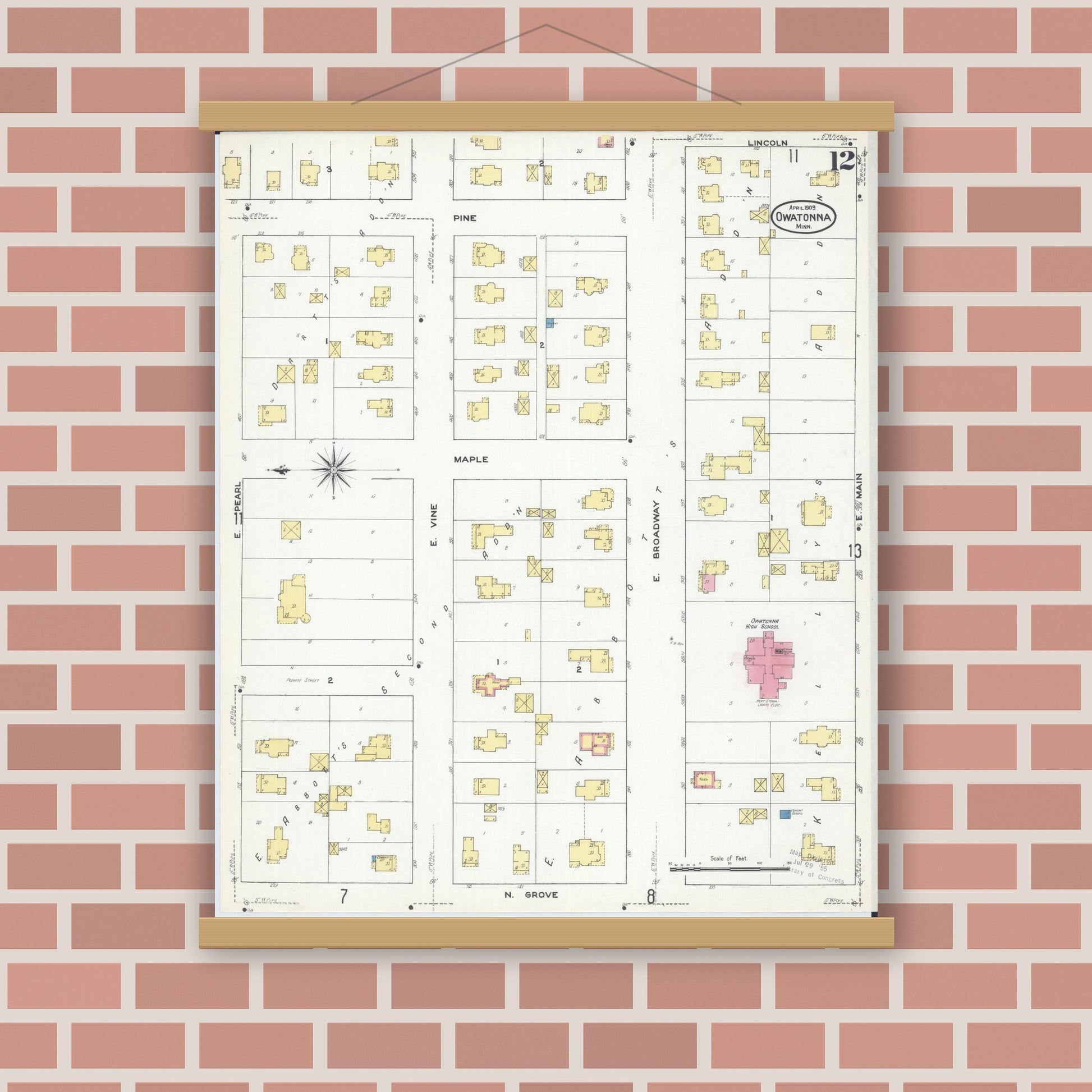 Old map wall art mockup — magnetic wood frame on brick wall — Sanborn Fire Insurance Map from Owatonna, Steele County, Minnesota (1909), Sheet #0012