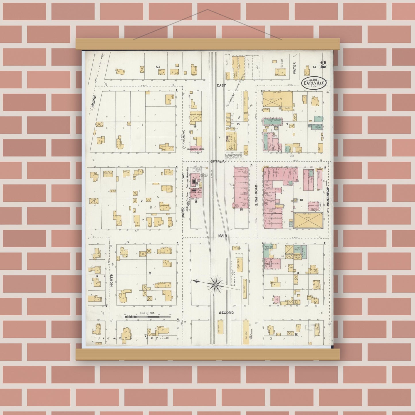 Old map wall art mockup — magnetic wood frame on brick wall — Sanborn Fire Insurance Map from Earlville, La Salle County, Illinois (1905), Sheet #0002