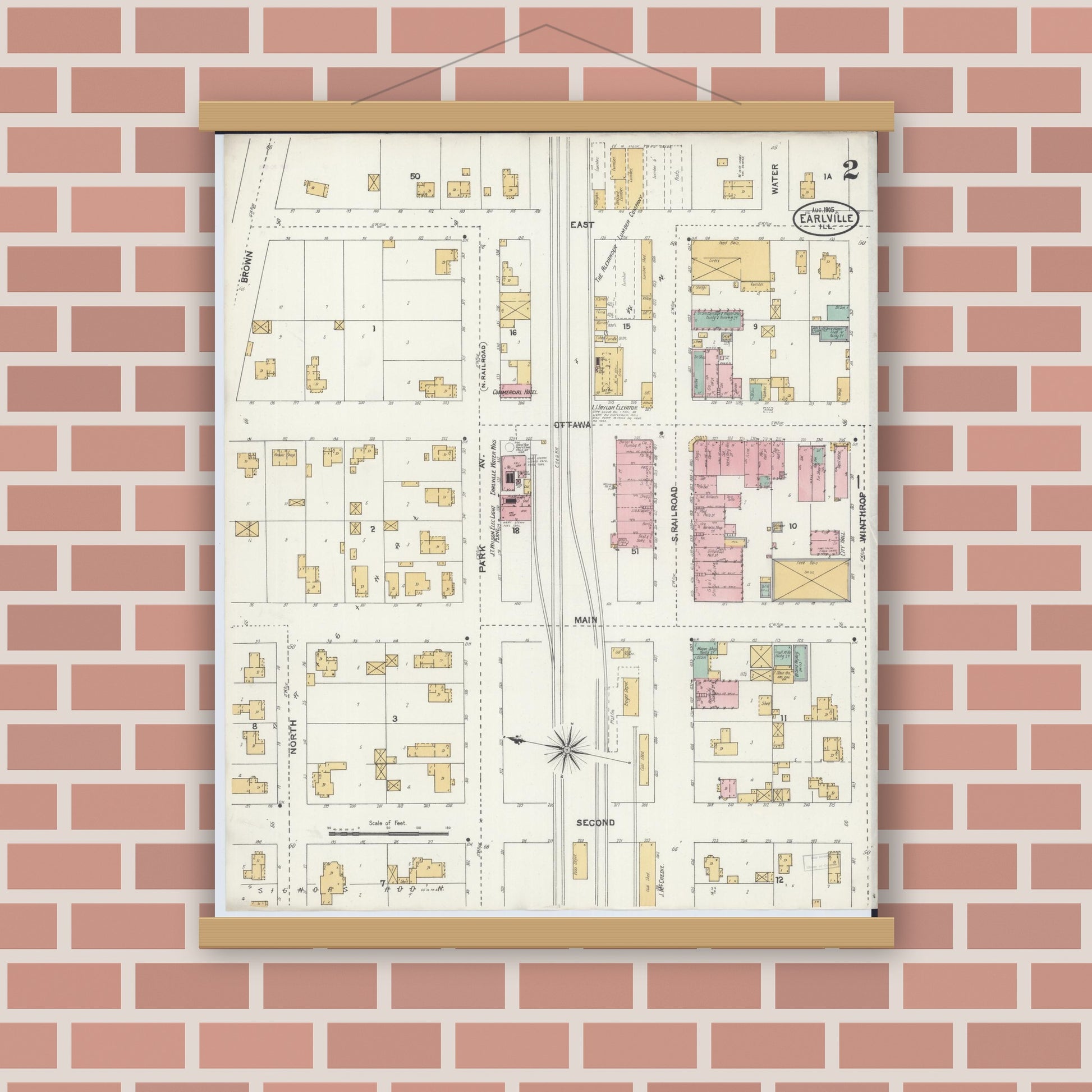 Old map wall art mockup — magnetic wood frame on brick wall — Sanborn Fire Insurance Map from Earlville, La Salle County, Illinois (1905), Sheet #0002