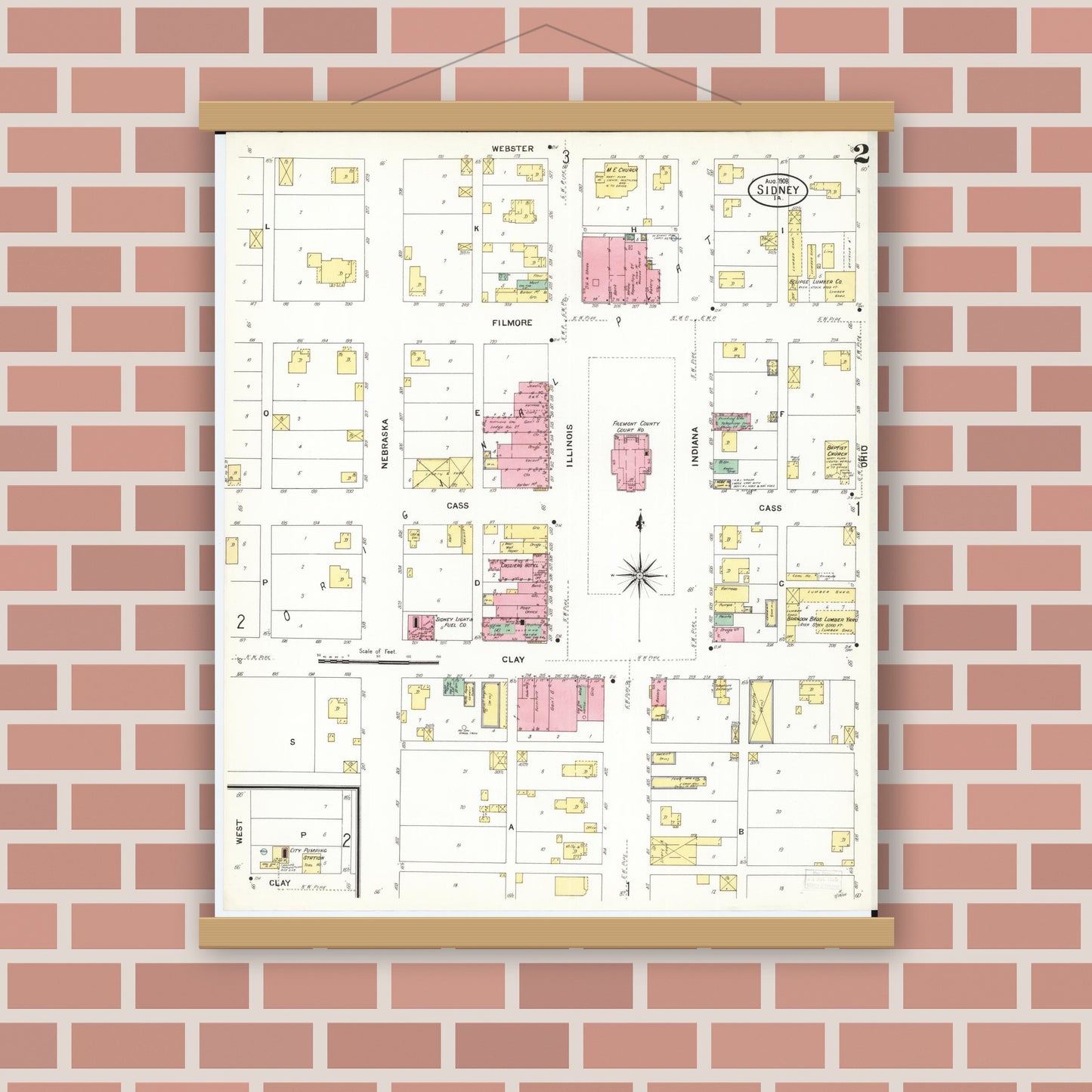 Old map wall art mockup — magnetic wood frame on brick wall — Sanborn Fire Insurance Map from Sidney, Fremont County, Iowa (1908), Sheet #0002