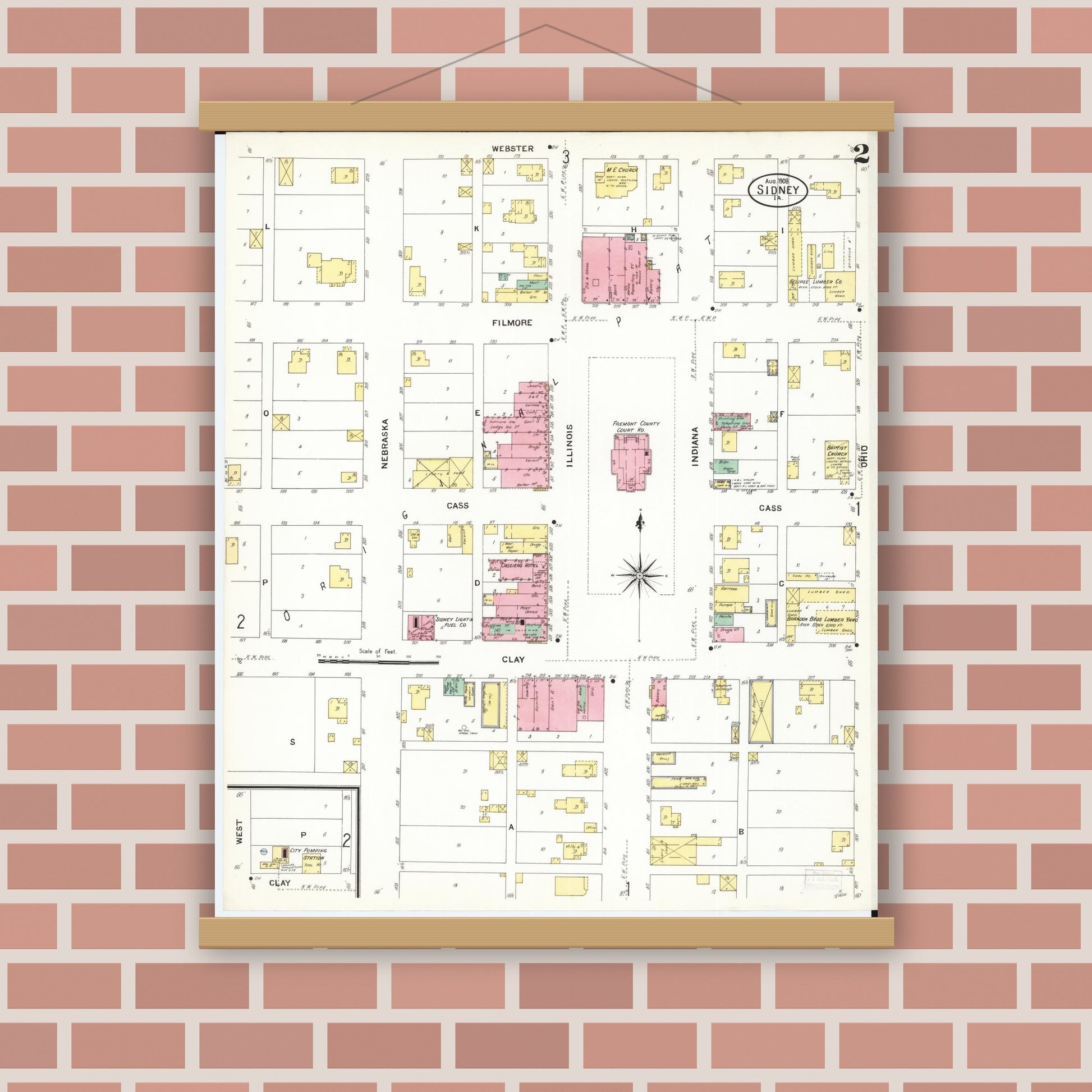 Old map wall art mockup — magnetic wood frame on brick wall — Sanborn Fire Insurance Map from Sidney, Fremont County, Iowa (1908), Sheet #0002