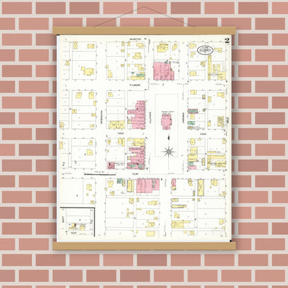 Old map wall art mockup — magnetic wood frame on brick wall — Sanborn Fire Insurance Map from Sidney, Fremont County, Iowa (1908), Sheet #0002
