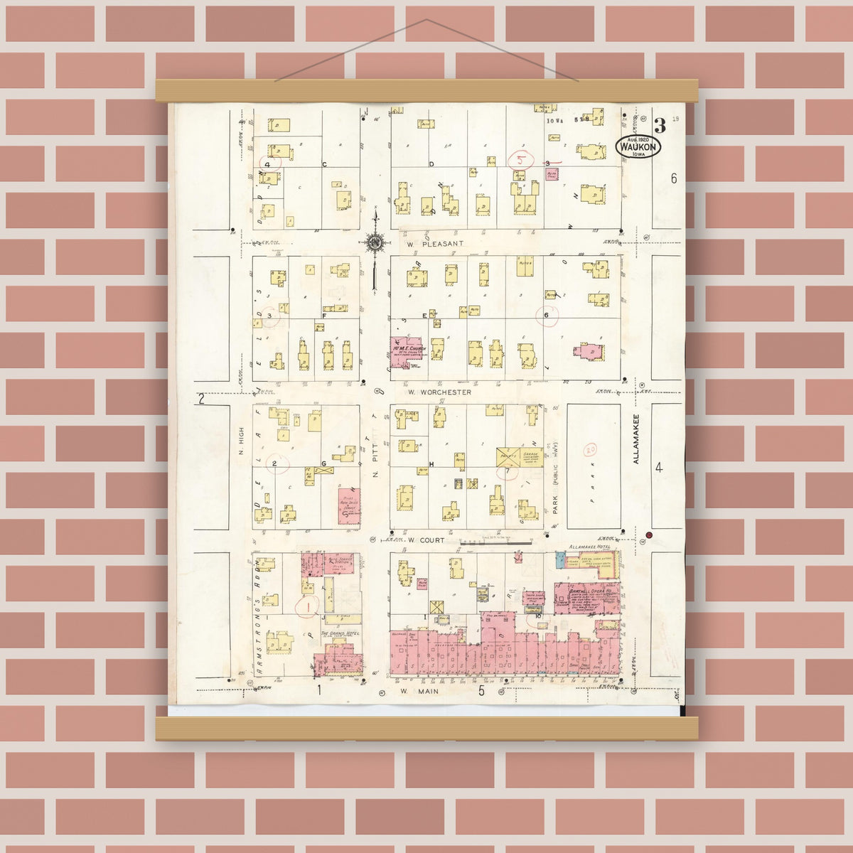 Old map wall art mockup — magnetic wood frame on brick wall — Sanborn Fire Insurance Map from Waukon, Allamakee County, Iowa (1934), Sheet #0003