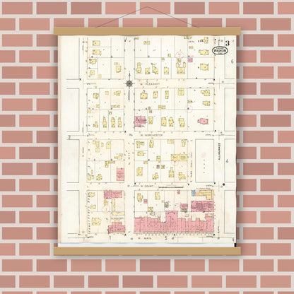 Old map wall art mockup — magnetic wood frame on brick wall — Sanborn Fire Insurance Map from Waukon, Allamakee County, Iowa (1934), Sheet #0003