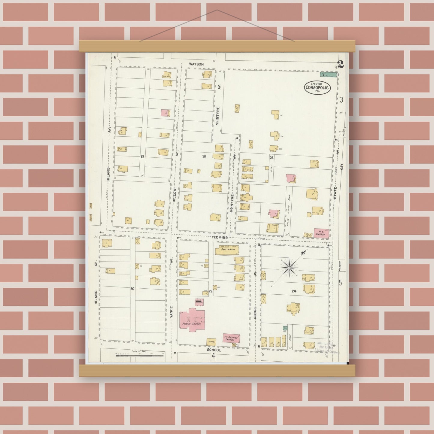 Old map wall art mockup — magnetic wood frame on brick wall — Sanborn Fire Insurance Map from Coraopolis, Allegheny County, Pennsylvania (1902), Sheet #0002
