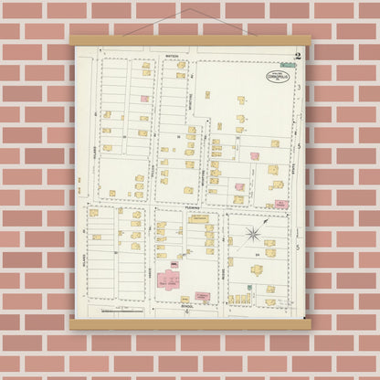 Old map wall art mockup — magnetic wood frame on brick wall — Sanborn Fire Insurance Map from Coraopolis, Allegheny County, Pennsylvania (1902), Sheet #0002