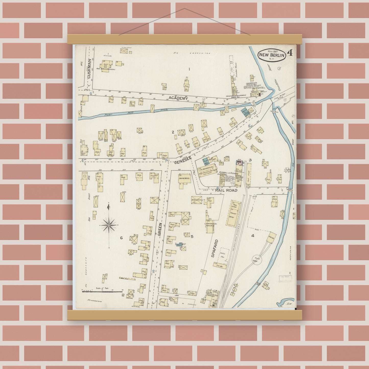 Old map wall art mockup — magnetic wood frame on brick wall — Sanborn Fire Insurance Map from New Berlin, Chenango County, New York (1887), Sheet #0004