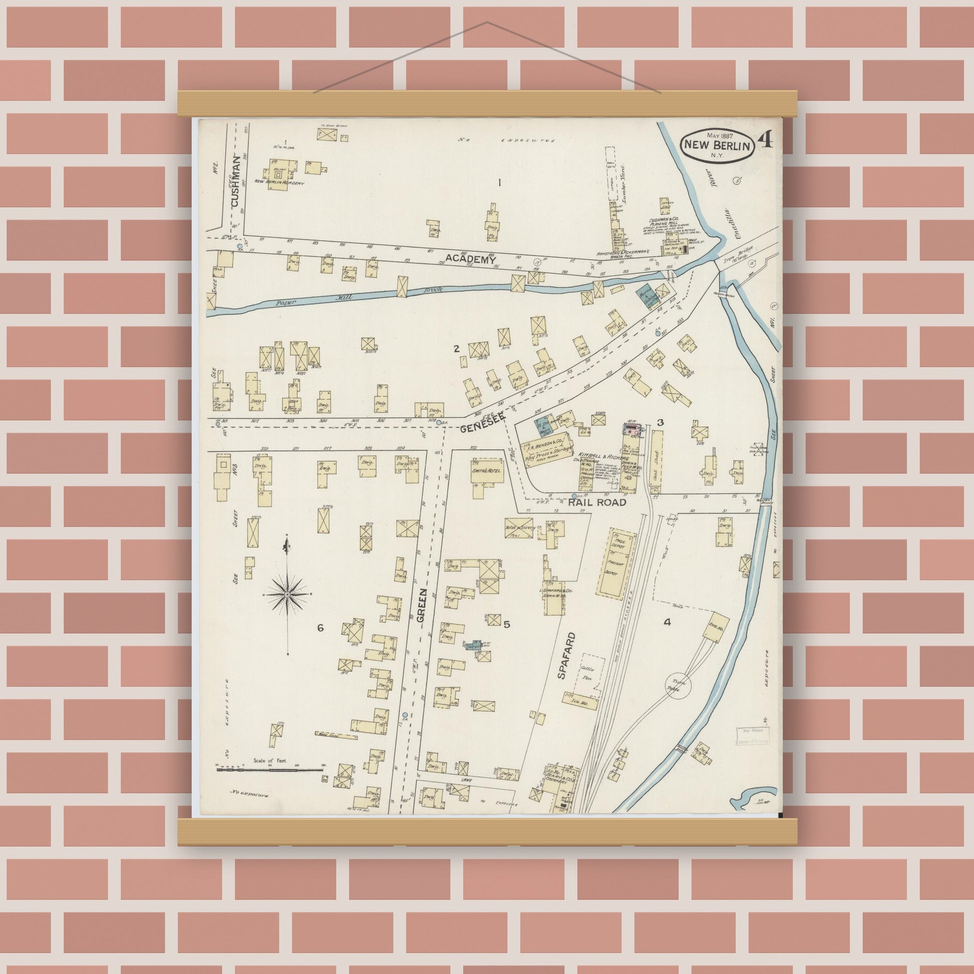 Old map wall art mockup — magnetic wood frame on brick wall — Sanborn Fire Insurance Map from New Berlin, Chenango County, New York (1887), Sheet #0004