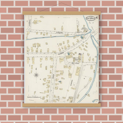 Old map wall art mockup — magnetic wood frame on brick wall — Sanborn Fire Insurance Map from New Berlin, Chenango County, New York (1887), Sheet #0004