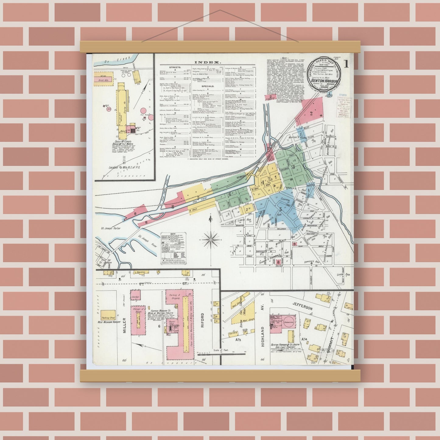 Old map wall art mockup — magnetic wood frame on brick wall — Sanborn Fire Insurance Map from Benton Harbor, Berrien County, Michigan (1900), Sheet #0001
