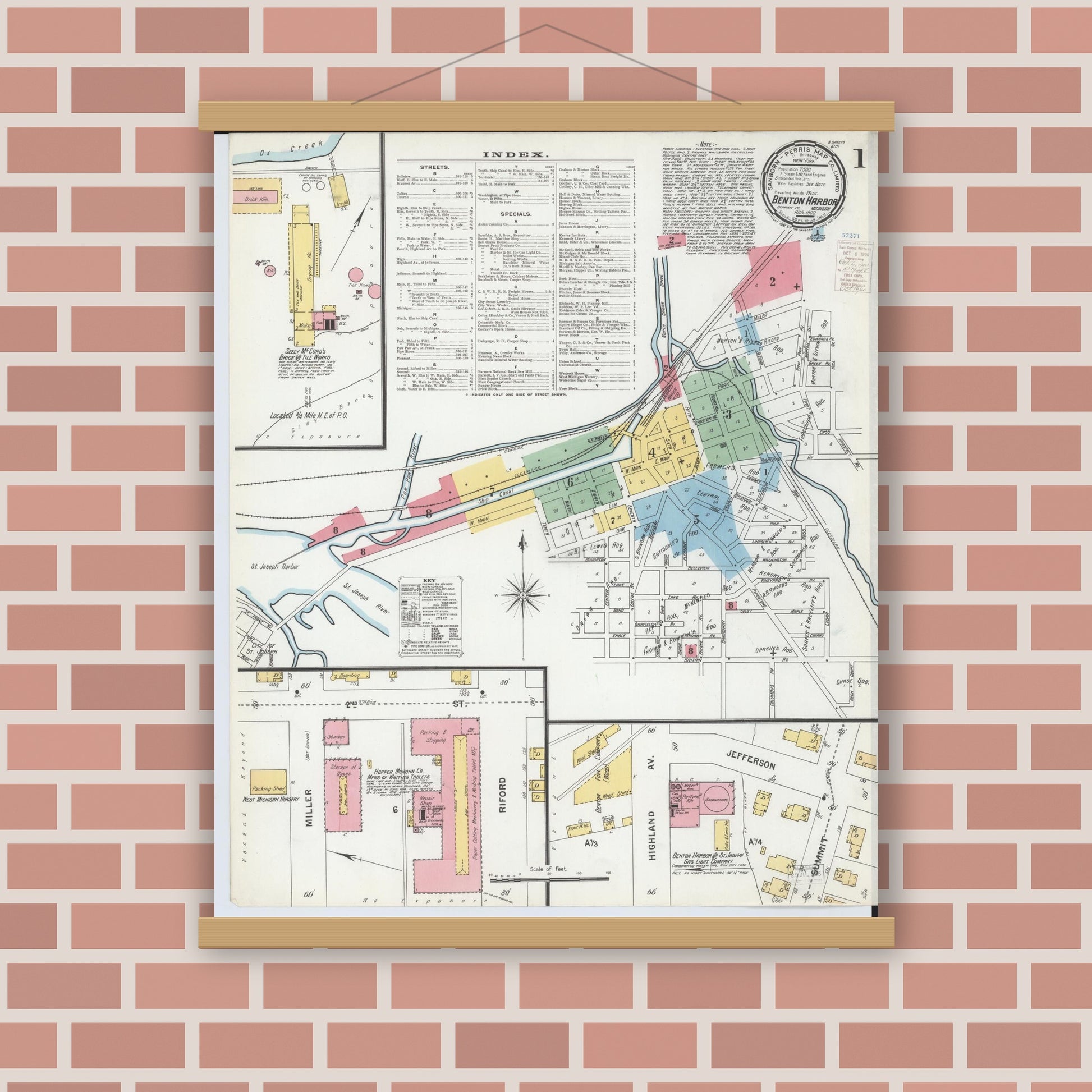 Old map wall art mockup — magnetic wood frame on brick wall — Sanborn Fire Insurance Map from Benton Harbor, Berrien County, Michigan (1900), Sheet #0001