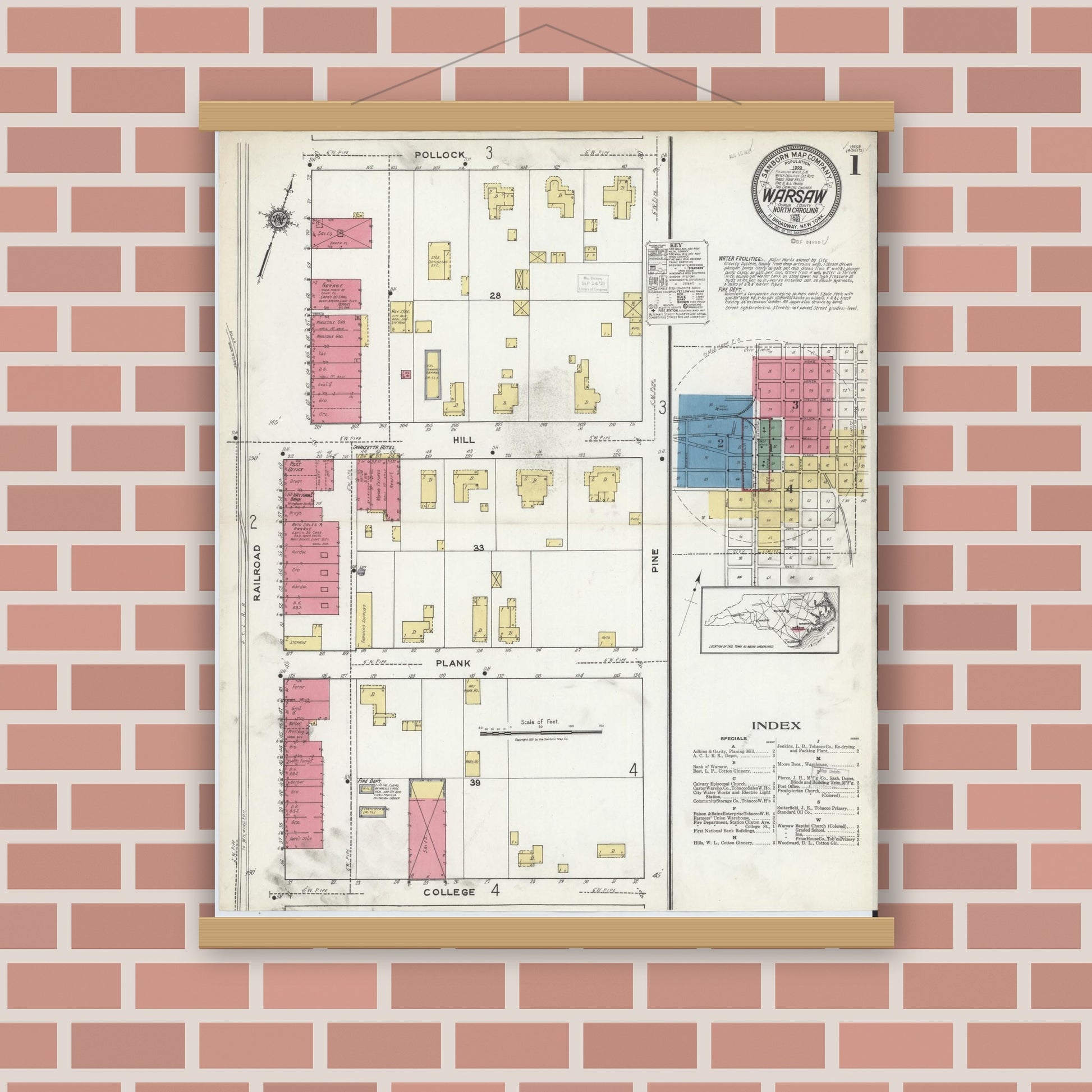 Old map wall art mockup — magnetic wood frame on brick wall — Sanborn Fire Insurance Map from Warsaw, Duplin County, North Carolina (1921) - Complete Map Set
