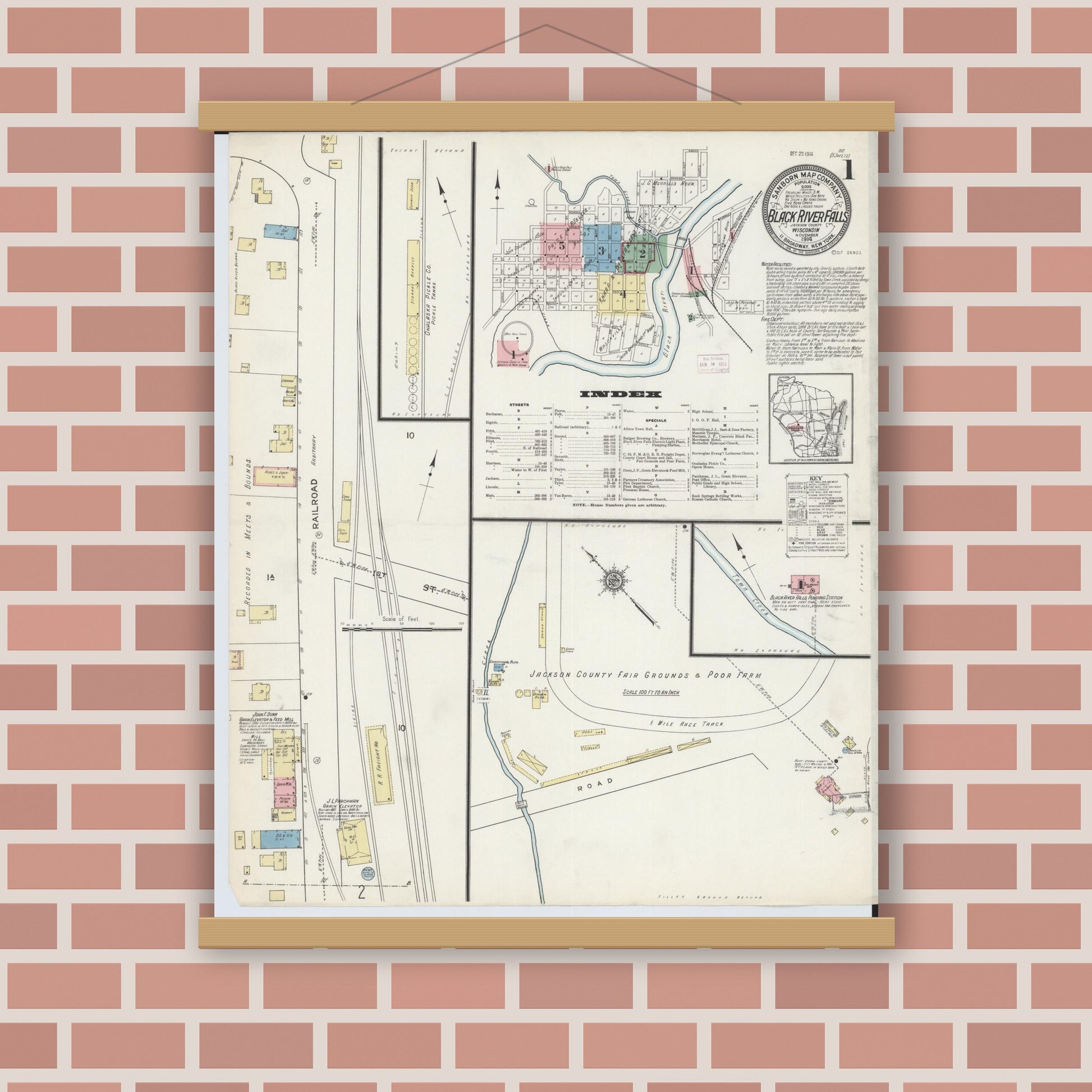 Old map wall art mockup — magnetic wood frame on brick wall — Sanborn Fire Insurance Map from Black River Falls, Jackson County, Wisconsin (1914), Sheet #0001