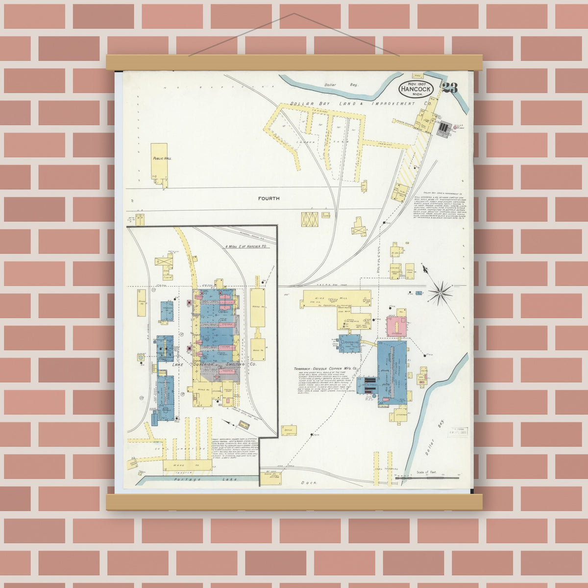 Old map wall art mockup — magnetic wood frame on brick wall — Sanborn Fire Insurance Map from Hancock, Houghton County, Michigan (1907), Sheet #0023