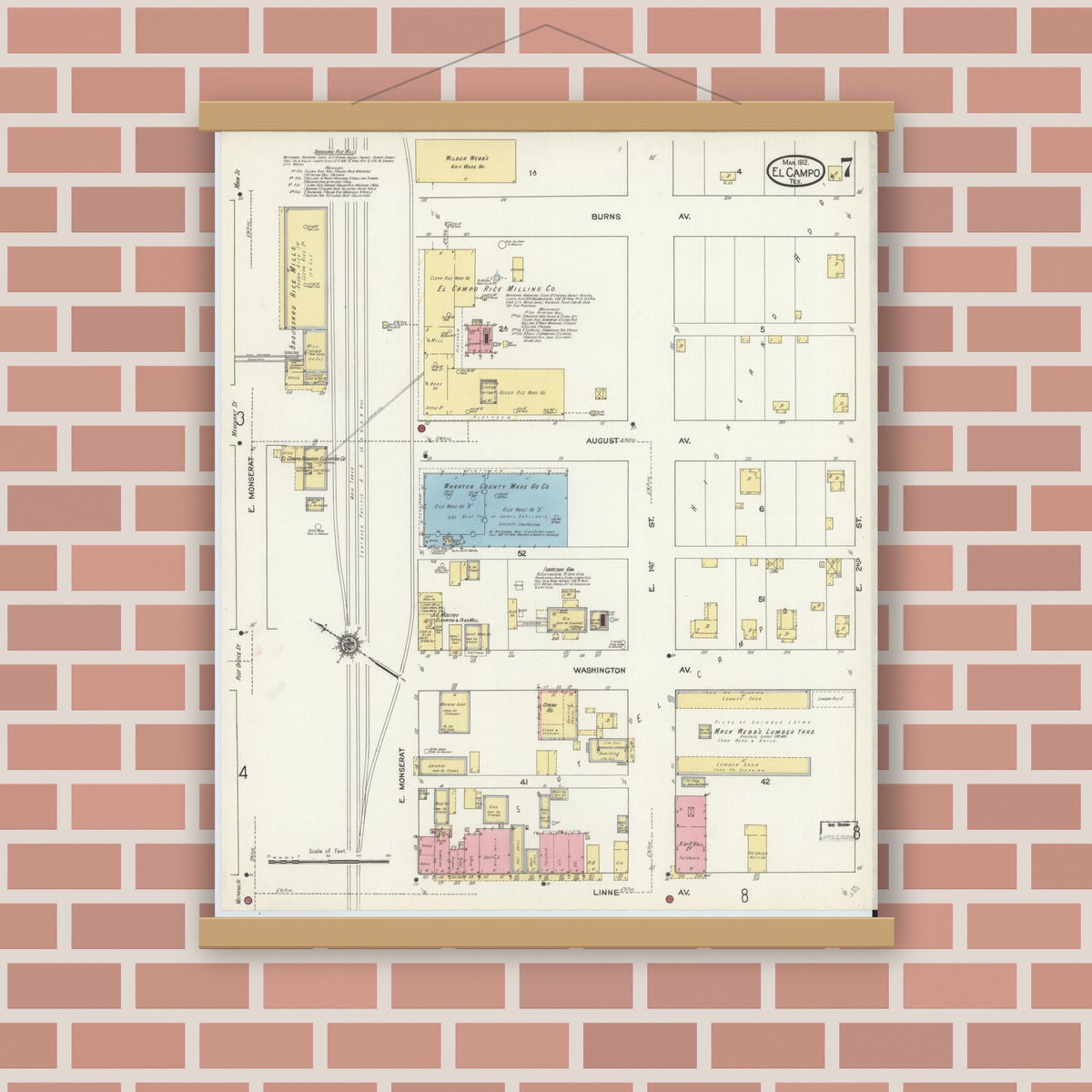 Old map wall art mockup — magnetic wood frame on brick wall — Sanborn Fire Insurance Map from El Campo, Wharton County, Texas (1912), Sheet #0007