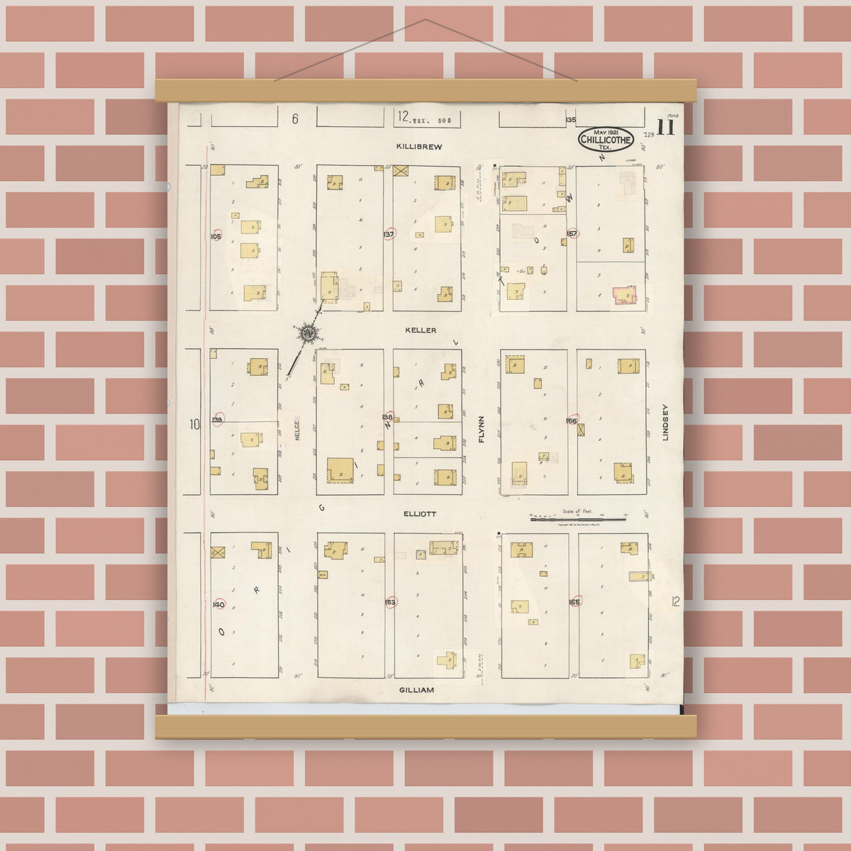 Old map wall art mockup — magnetic wood frame on brick wall — Sanborn Fire Insurance Map from Chillicothe, Hardeman County, Texas (1941), Sheet #0011