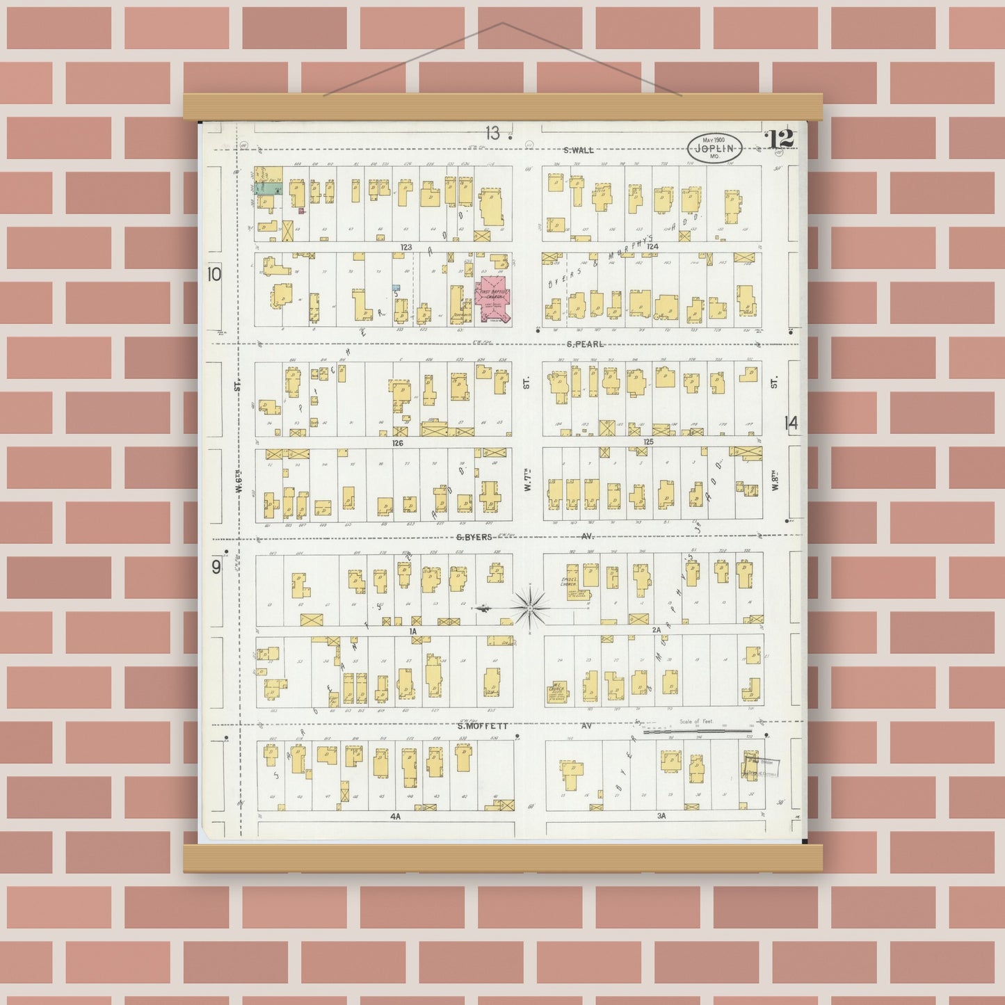 Old map wall art mockup — magnetic wood frame on brick wall — Sanborn Fire Insurance Map from Joplin, Jasper County, Missouri (1900), Sheet #0012