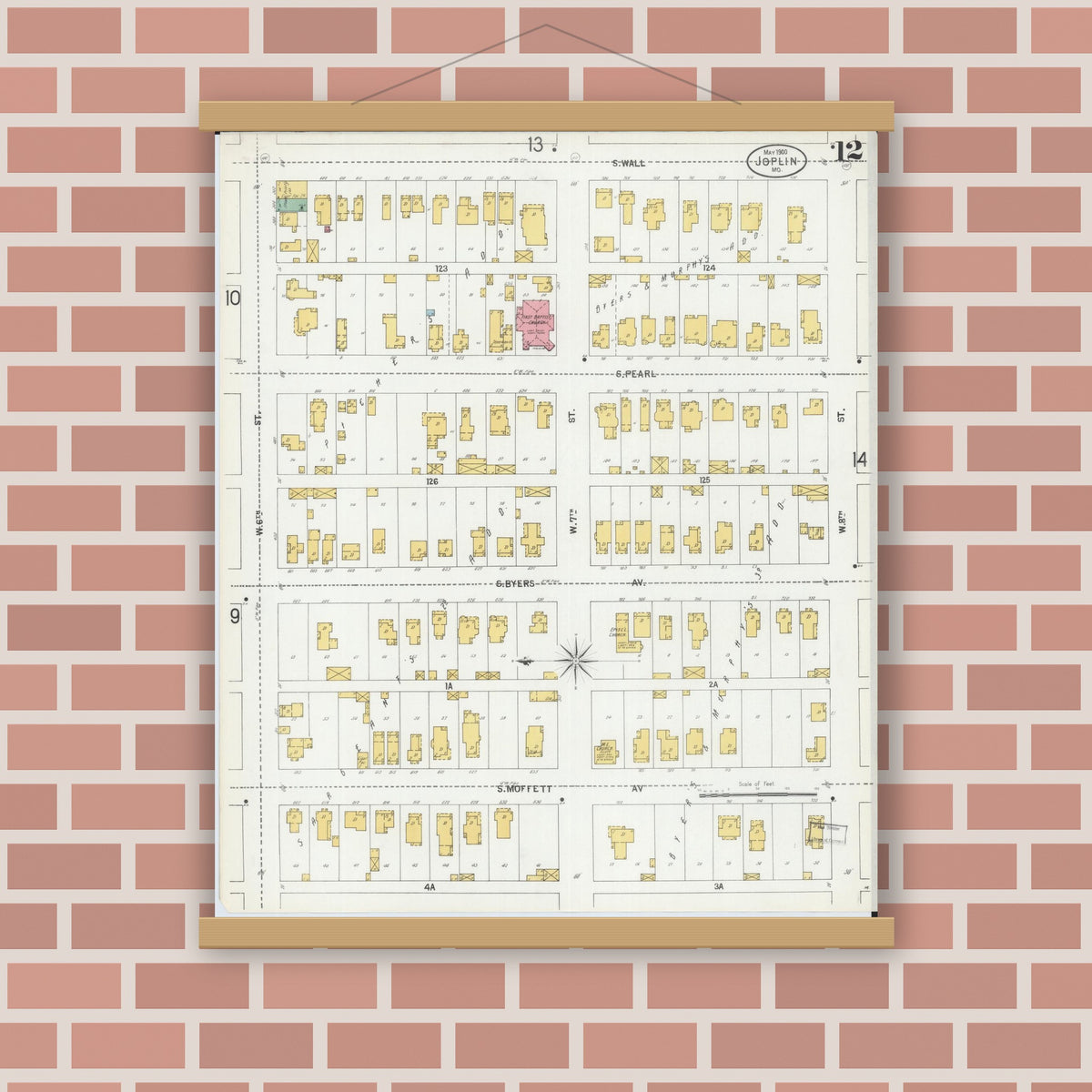 Old map wall art mockup — magnetic wood frame on brick wall — Sanborn Fire Insurance Map from Joplin, Jasper County, Missouri (1900), Sheet #0012